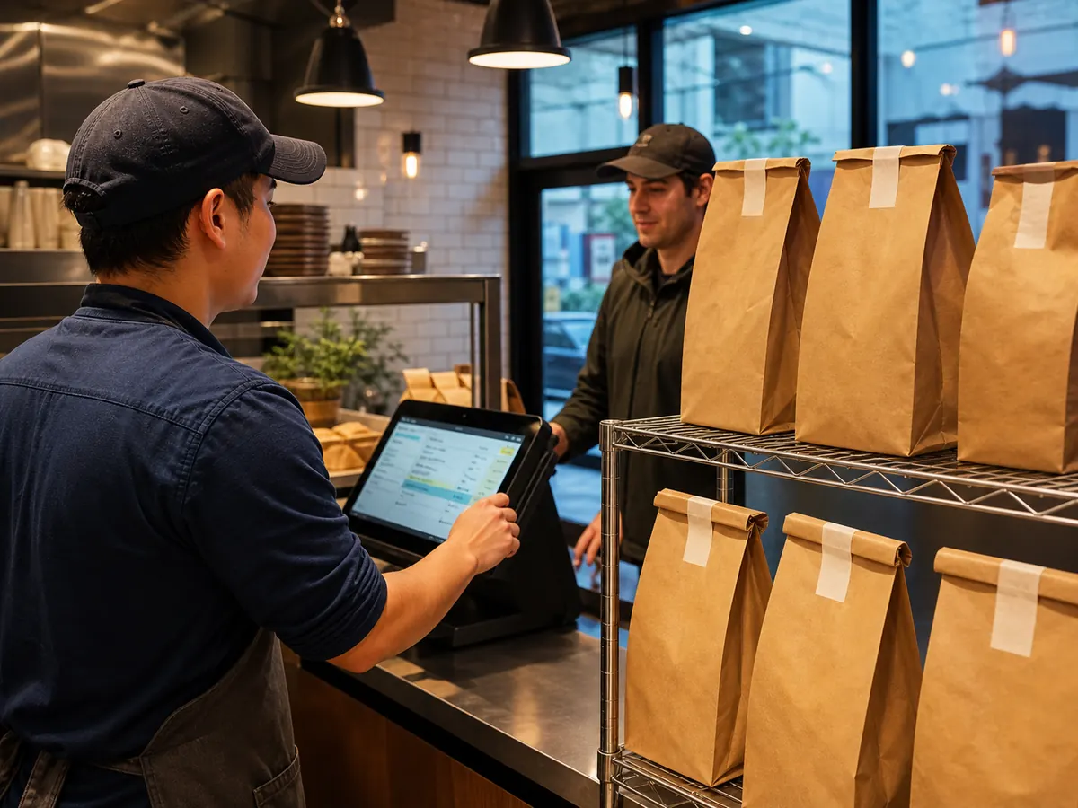 Staff member confirming pickup orders beside prepared restaurant bags