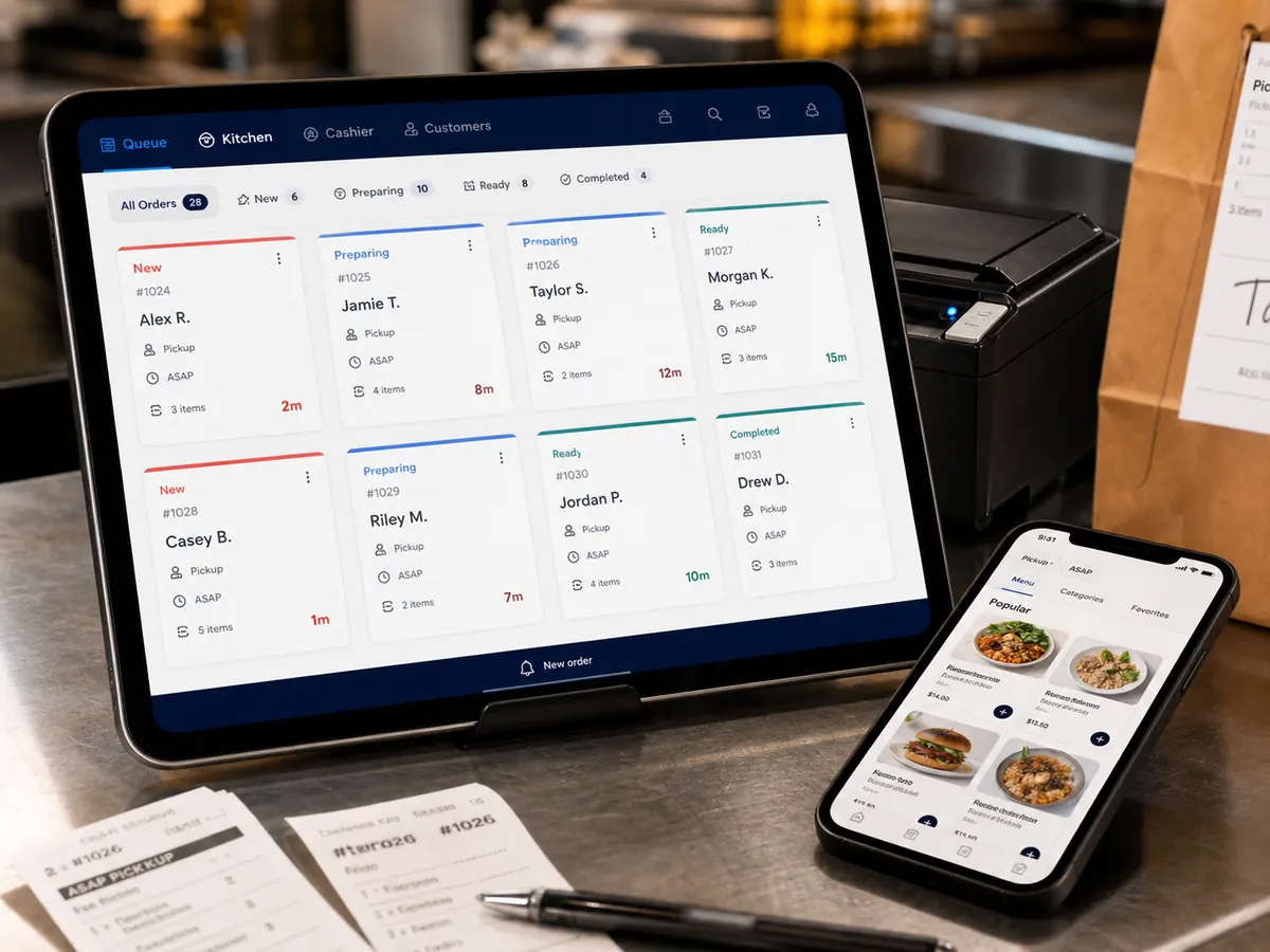 Tablet and phone showing restaurant order queue and guest ordering screens